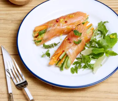 Rouleaux de Saumon Fumé, sauce aigre-douce & avocat